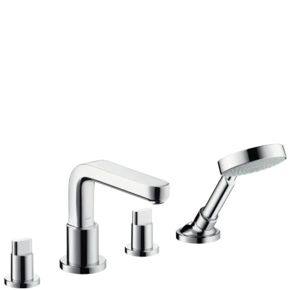 Wannenrandarmatur von Hansgrohe mit einem flachen Auslauf und zwei Steuergriffen, kombiniert mit einer Handbrause. Ausführung in Chrom.